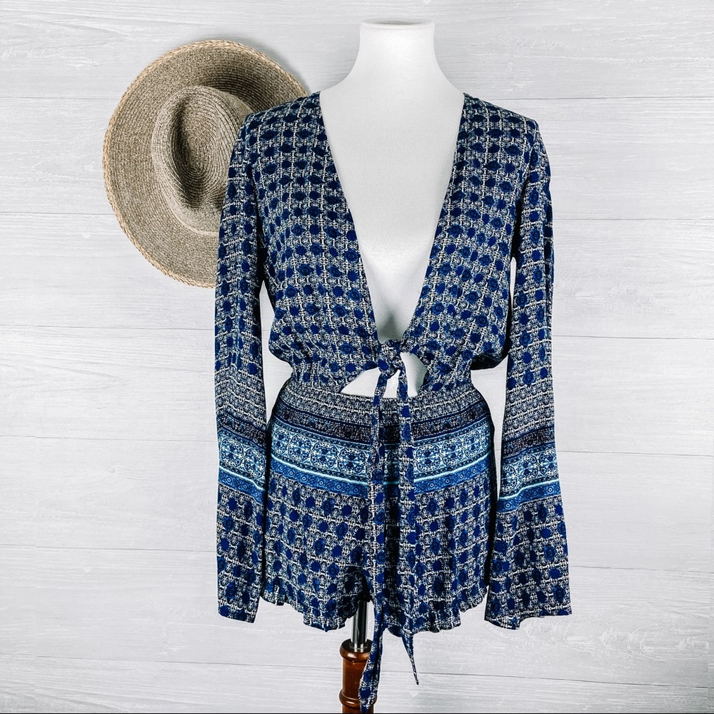 Forever 21 Blue Tie Front Long Sleeve Romper